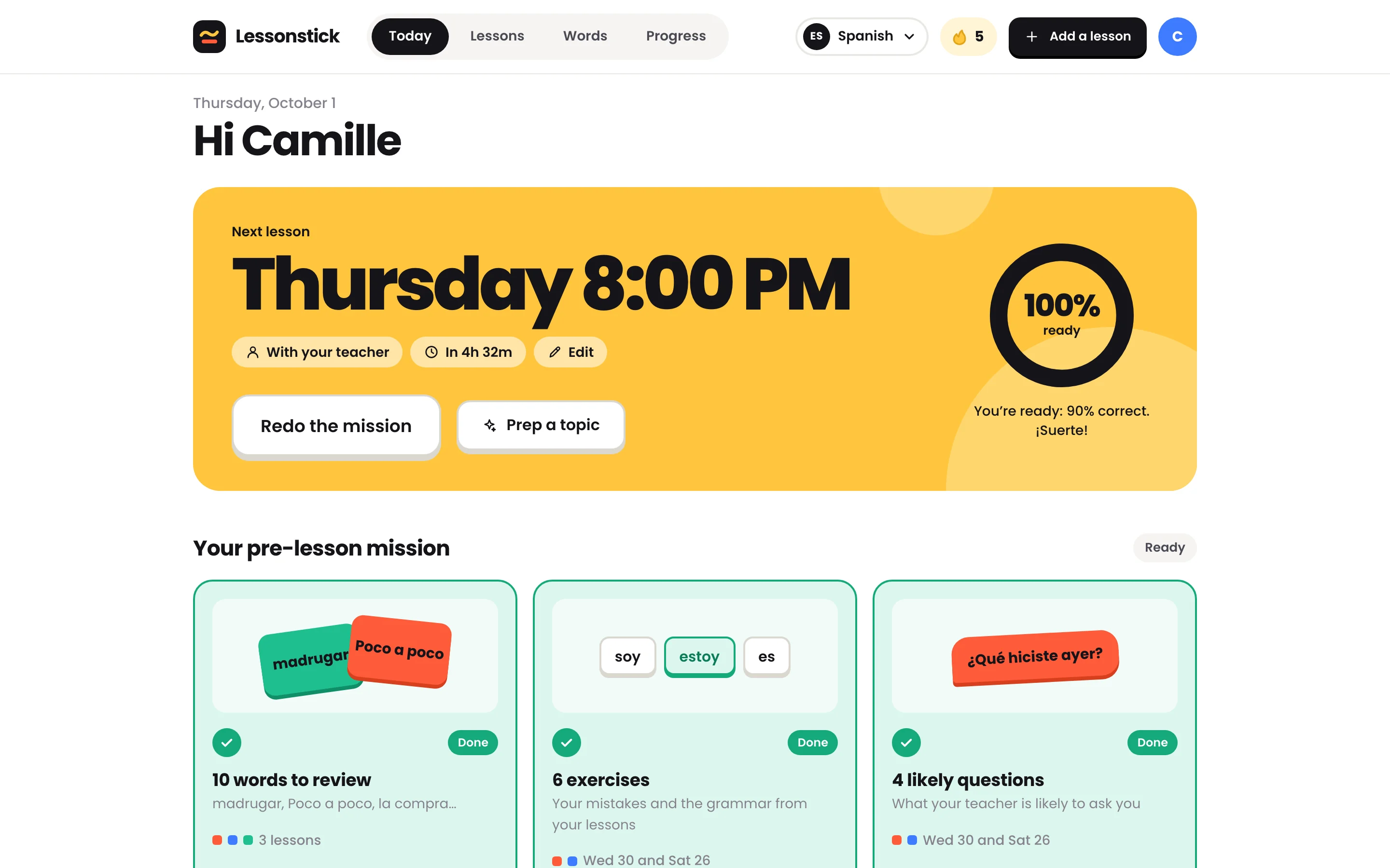 The Lessonstick home screen: the next lesson, the meter at 100% ready and the mission done, with sample lessons in Spanish.